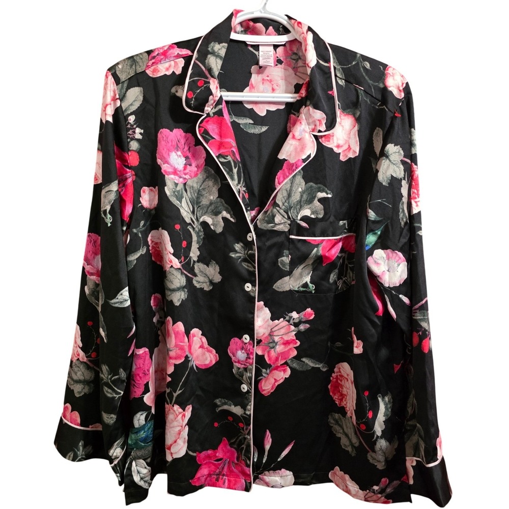 Victoria's Secret Black Pink Floral Silky Pajama Top Monogram Pocket Medium
